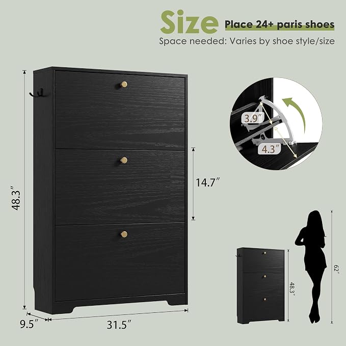 Nicetree Shoe Cabinet with 3 Flip Drawers, Narrow Shoe Organizer Cabinet, Freestanding Shoe Rack Cabinet, Modern Shoe Storage Cabinet for Entryway, Hallway, Foyer, Black