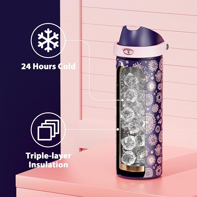 24 oz Insulated Water Bottle for Women: Meoky Stainless Steel Metal Water Bottle with 2-in-1 Straw and Spout Lid - Leak Proof, Cold for 24 Hours, Protective Silicone Base, BPA-Free for School, Arcana