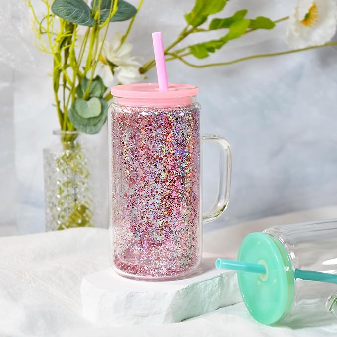 16oz Sublimation Snowglobe Cups with Handle, 4 Pack Pre-Drilled Sublimation Glass Cup with Lid and Straw, Double Wall Glass Coffee Mug, Snowglobe Cup Gifts for Snow Globe DIY Glitter, Colored Lids