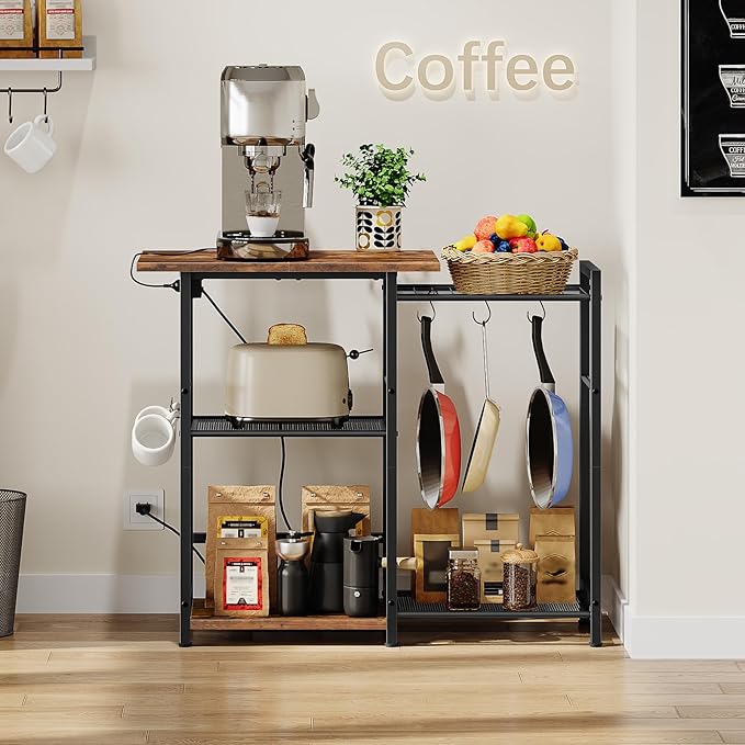 HOOBRO Bakers Rack with Power Outlet, Microwave Stand with Pots Rack, Kitchen Stand, Coffee Bar Table with 6 S Hooks, Kitchen Utility Storage Shelf for Spices, Pots, Black and Rustic Brown BF15UHB01G1