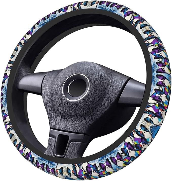 Multi-Color Papillon Dog Neoprene Steering Wheel Covers Women Men Car Accessories, Universal 15 Inch Fit Auto, Suvs, Truck