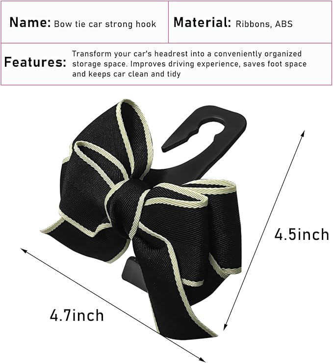 2 PCS Car Seat Headrest Hook, Cute Bow Knot Auto Seatback Hanger Storage Organizer, Vehicle Back Seat Hanging Hooks for Purse Coat Umbrella, Interior Decor Car Accessories (Black)