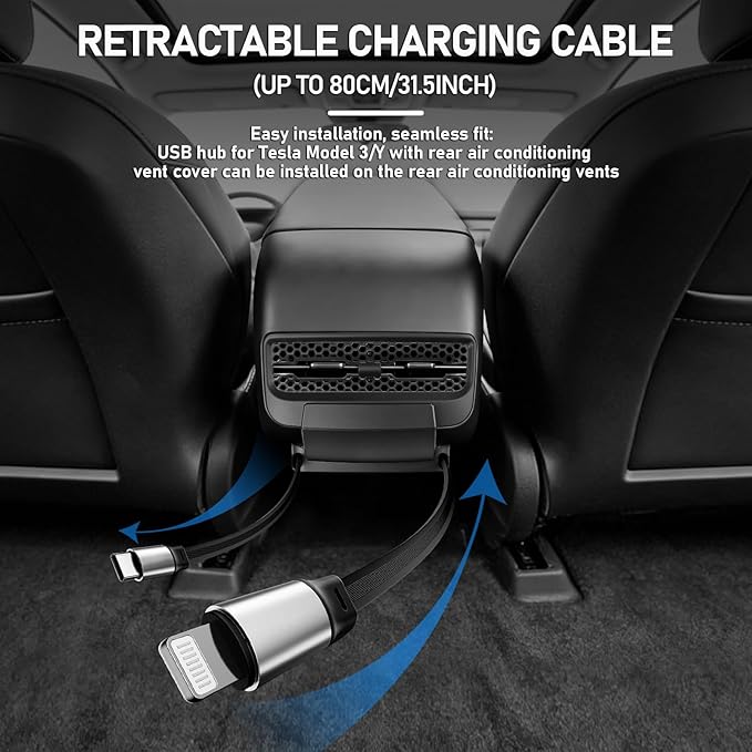 Rear USB Charger Hub for Tesla Model Y 2021-2024 Accessories- 4-Port Fast Charging Hub with Sliding Cover, Type-C+Lightning Docking Station for Tesla Model 3 Highland 2021-2023