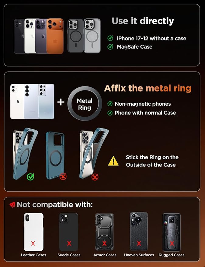 Car Phone Holder – 360° Magnetic Car Phone Mount with Metal Long Arm & Extended Reach 2026 Tesla Phone Holders for Your Car for iPhone 17 Pro Max 16 15 14 13 12 Plus, Orange