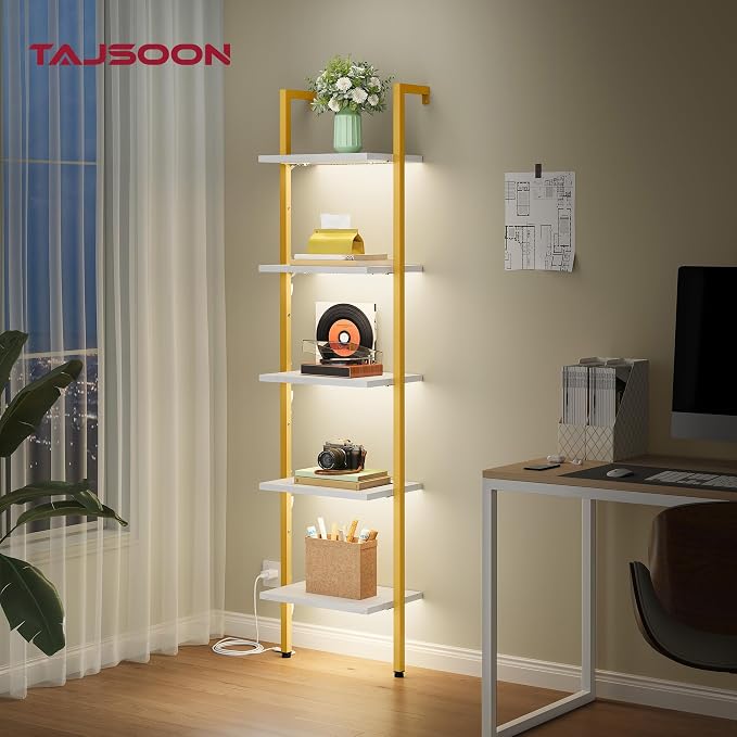 Tajsoon 5 Tier Ladder Shelf with Light, Wooden Wall Mounted Book Shelf, Wall Mounted Ladder Bookshelf with Metal Frame, Industrial Ladder Bookshelf for Office, Living Room, Bedroom, Gold & White
