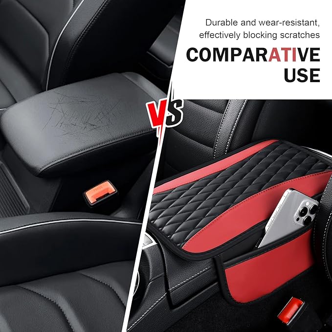 Car Center Console Cover, Upgraded Patchwork Leather Arm Rest Cover with Side Storage Pockets, Comfortable Auto Armrest Protector Cushion, Universal Middle Console Pad for SUV, Sedan (Red)