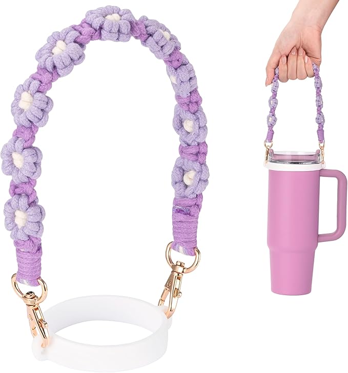 Water Bottle Handle, Hand-Woven Lanyards Silicone Water Bottle Sling, Carrier, Holder with Strap Compatible 8-40oz Stanley Cup Hydroflask Bottle Accessories-Flower Purple