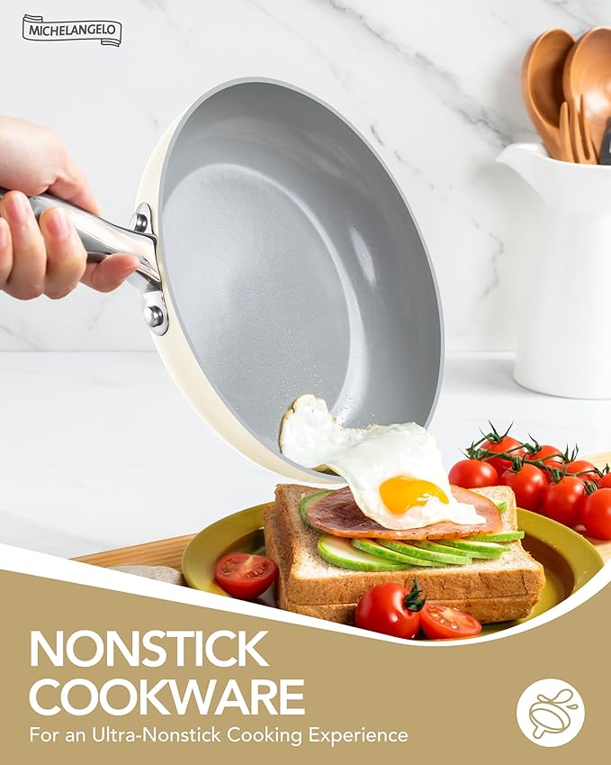 MICHELANGELO Pots and Pans Set Non Stick 8 Piece Ceramic Cookware Set Cream | PFAS-Free Cream Ceramic Nonstick Cookware Set for Eggs, Pancakes, Sauces, Low-Oil Cooking and Induction Ready, Fast Cleanup