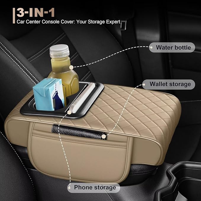 Center Console Cover Fit for RAV4 Faux Leather Car Armrest Cushion with Storage Bags, Cup Holder ＆ Phone Storage Multifunctional Middle Console Cover(Beige)