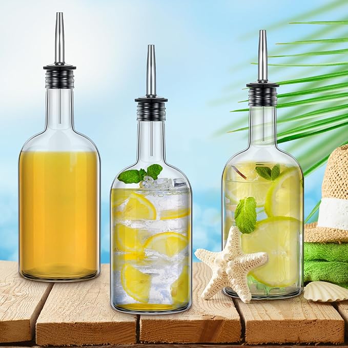 Baderke 8pcs 17oz Glass Long Neck Bottles Glass Pour Liquor Bottles Bar Juice Pour Syrup Bottle with Pourer & Caps Pourer Tapered Spout for Liquor Wine Juice Snowcone Syrup
