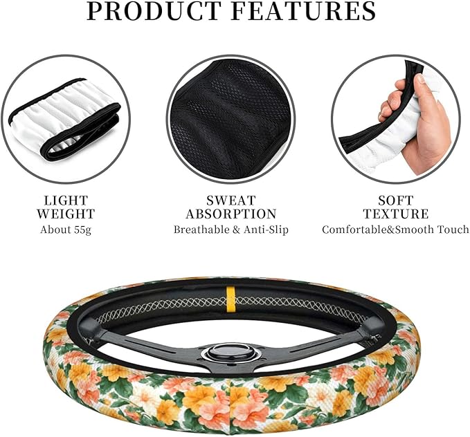 Pastel Peach Yellow Flowers Steering Wheel Cover for Women Men Girls, Accessories Decor Thickened Anti-Slip Auto Steering Wheel Covers Protector Universal Fit 15 Inch for Cars, Truck, SUV