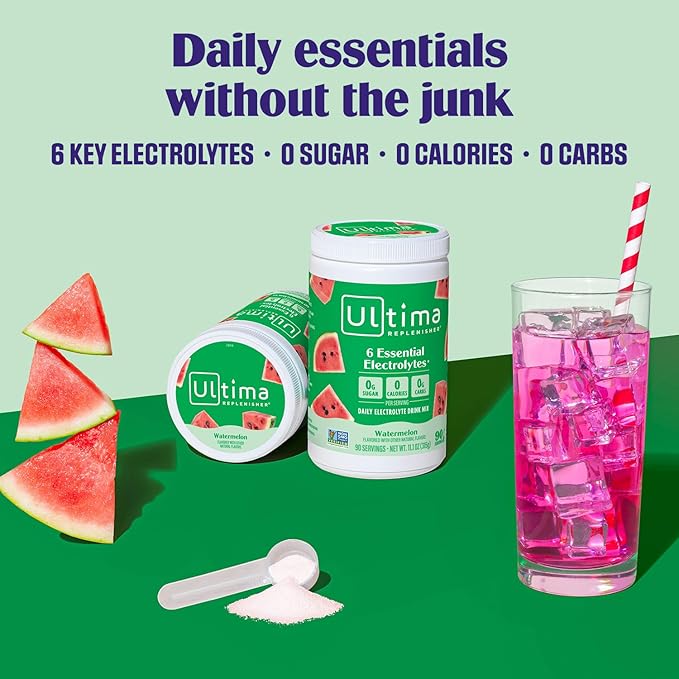 Ultima Replenisher Daily Electrolyte Powder Drink Mix – Sugar Free – Watermelon, 90 Servings – Hydration Powder with 6 Key Electrolytes and Trace Minerals – Keto Friendly, Vegan, Non-GMO