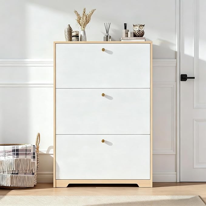 Nicetree Shoe Cabinet with 3 Flip Drawers，Freestanding Shoe Storage Cabinet, Narrow Shoe Organizer Cabinet, Farmhouse Slim Shoe Rack Cabinet for Entryway, Natural Oak and White with Hook
