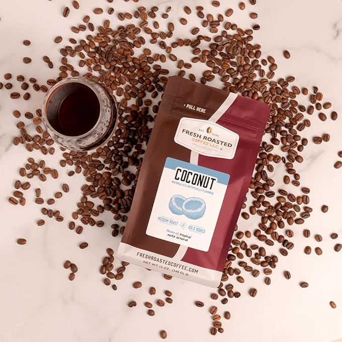 Fresh Roasted Coffee, Coconut Flavored Coffee, 12 oz, Medium Roast, Kosher, Ground