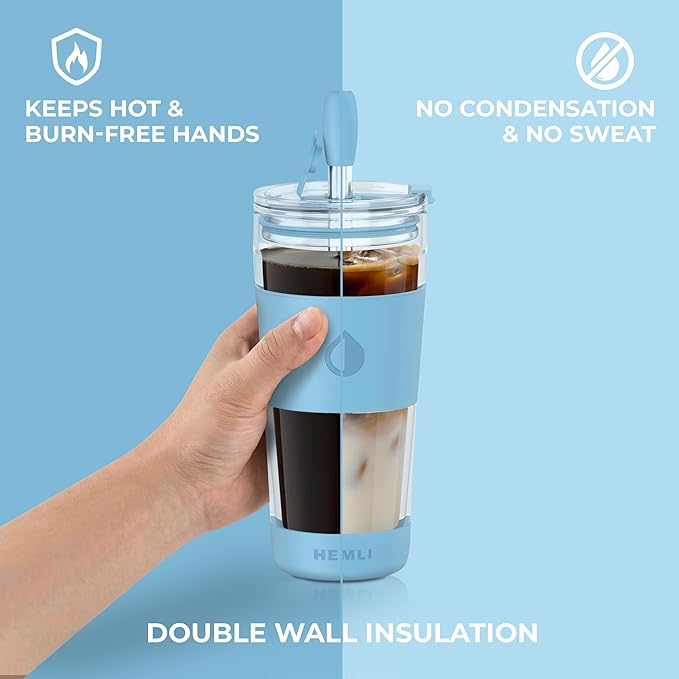 19 oz. Double Wall Glass Coffee Tumbler, To Go Travel Mug with Lid, Portable Glass Thermos with Straw, Reusable Cup, Tea, Smoothies, Ice Coffee, and Boba