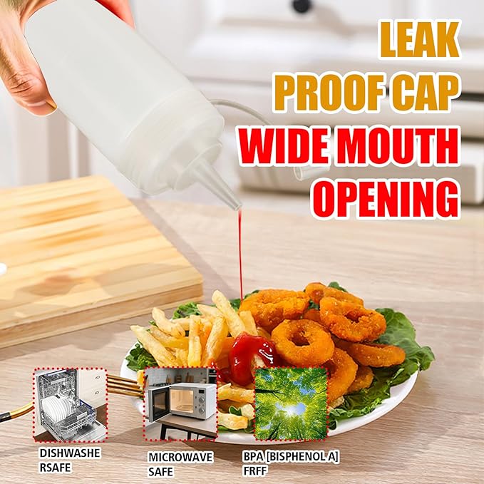 Squeeze Bottles for Sauces,Leak-Proof Condiment Dispenser, BPA-Free Kitchen Restaurant Squeeze Bottle Set with Wide Mouth for Ketchup, Mustard,Syrup,Dressings (White, 4Pack-16oz(400ml))