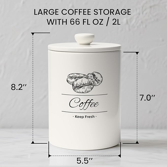 Airtight Coffee Canister - 66 fl oz / 2L Large White Ceramic Coffee Container Airtight - 5.5'' Round × 8.2'' Tall Coffee Bean Storage - Stylish Ceramic Coffee Jar With Lid for Grounds & Beans