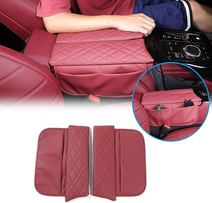 Car Center Console Cover Compatible with BMW 5 Series G60 2024 Sedan,Center Seat Armrest Cover Pad Leather Cushion Anti-Scratch Protector with Side Mobile Phone Storage Pockets 2PCS (Burgundy Color)