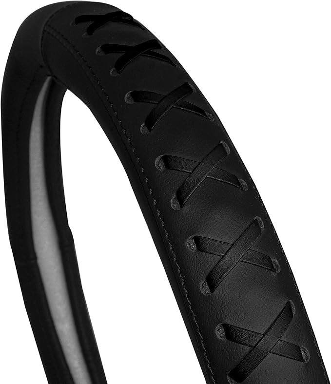 FH Group Universal Fit 15 Inch Genuine Leather with Lace-Up Detailing Steering Wheel Cover fits Most Cars, SUVs Black