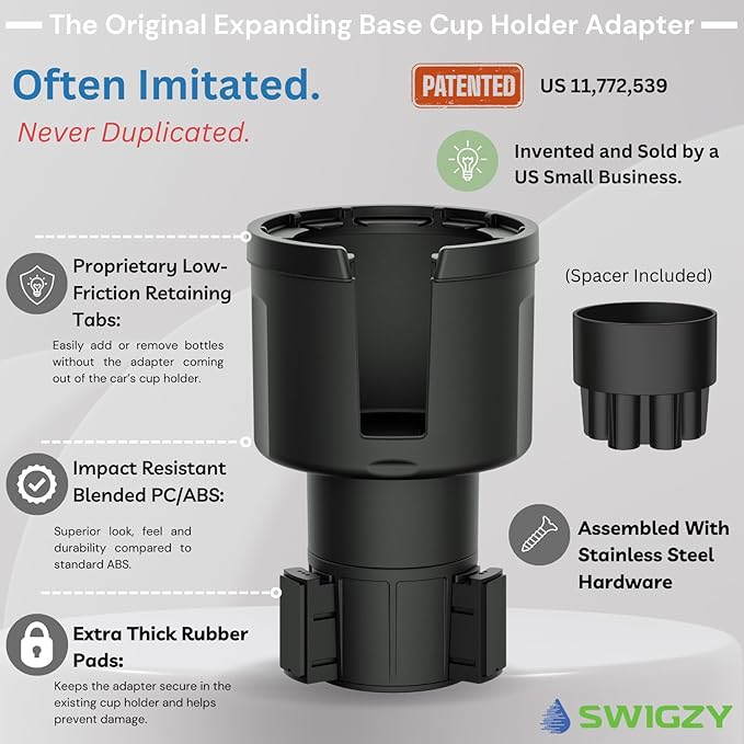 Car Cup Holder Expander (Long Base) - Adjustable Expandable Insert Extender, Automotive Adapter Holds Hydro-Flask, Yeti, Nalgene, Large (32 40 oz) Water Bottles, Big Drinks - Universal