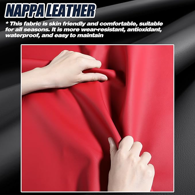 Car Seat Covers Full Set 3D Foam Back Support, 5 Seats Universal Fit for Most Cars, Nappa Leather Car Seat Cushion Super Breathable, Storage Bags, All Season, Black Red Car Seat Cover