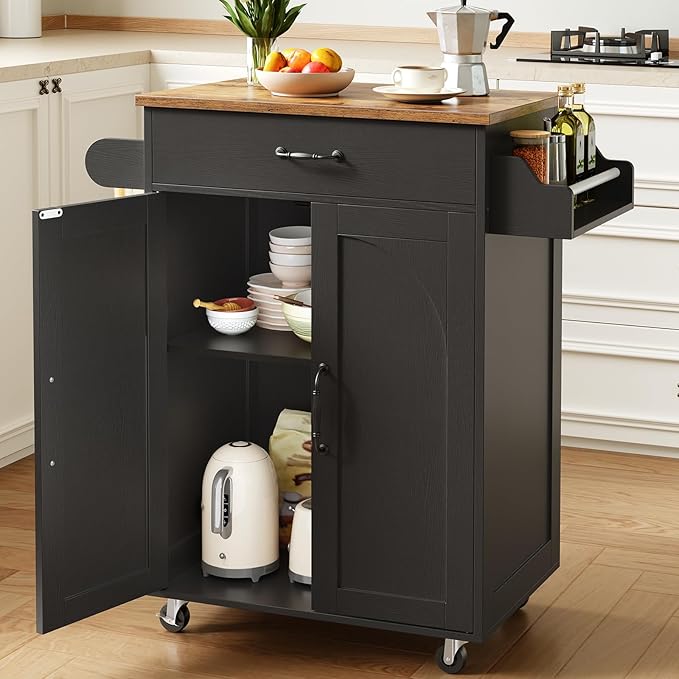 Kitchen Island Cart, Small Kitchen Island with Storage Cabinet and Drawer, Rolling Kitchen Cart on Wheels with Spice Rack and Towel Rack, for Kitchen, Dining Room, Black and Rustic Brown