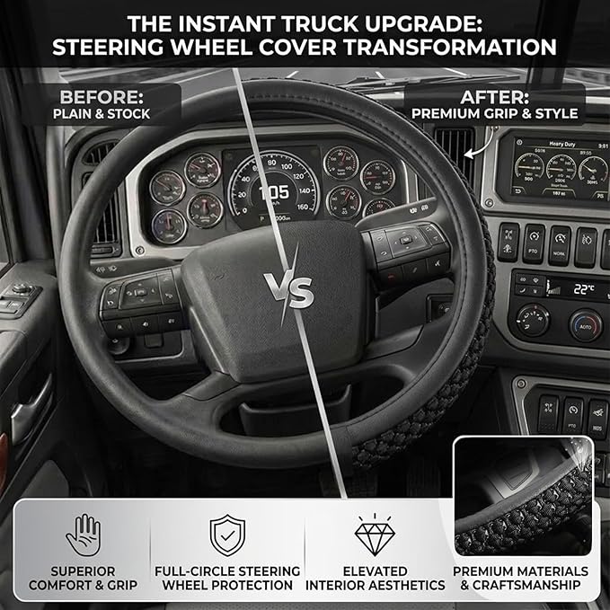 15”16“17”18“19”20 Inch Ice Silk Ventilation Multi-Style Comfy Grip Steering Wheel Cover for Truck, Bus, Big Rig Trucker,SUV， Anti-Slip Design 15-20 Inch (Black, 20 inch)