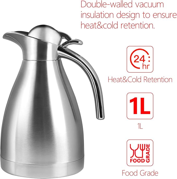 34 oz Food-grade Stainless Steel Thermal Carafe/Double Walled Vacuum Insulated Coffee Pot with Press Button Top, 12+ Hrs Heat&Cold Retention for Coffee,Tea,Beverage etc (1.0L)