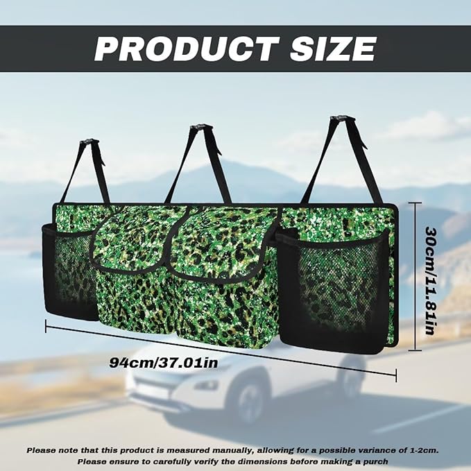 Hanging Trunk Organizer Green Leopard Print Back of Seat Car Organizer with 4 Pockets, Buckle Strapes Trunk Organizer Universal Fit Most Sedan SUV MVP Hatchback