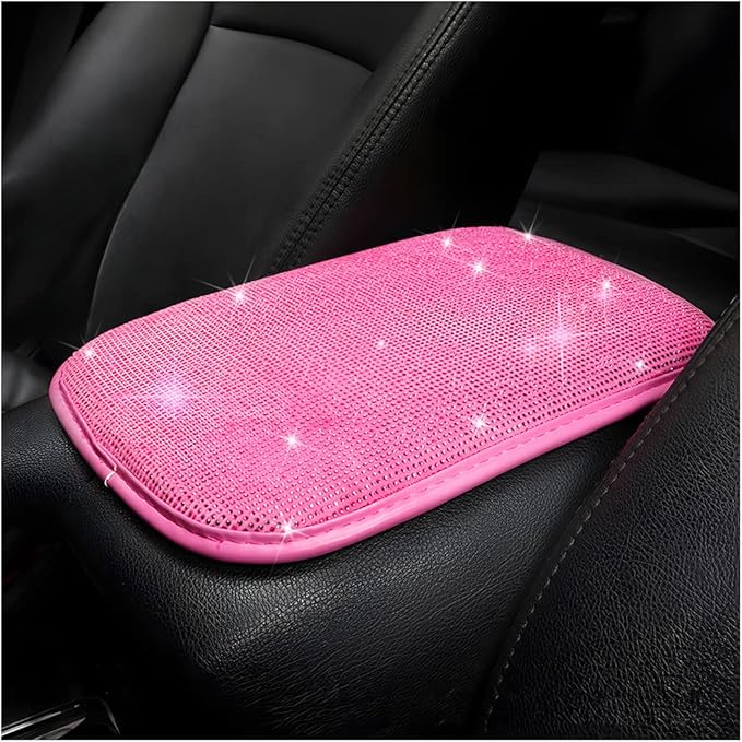 Bling Center Console Cover, Diamond Fashion ArmRest Pad, Crystal Soft Arm Rest Protective Cushion, Car Accessories for Women Girls, 11.8"×8.5" for Most of Vehicles, SUVs, Trucks (Rose Red)
