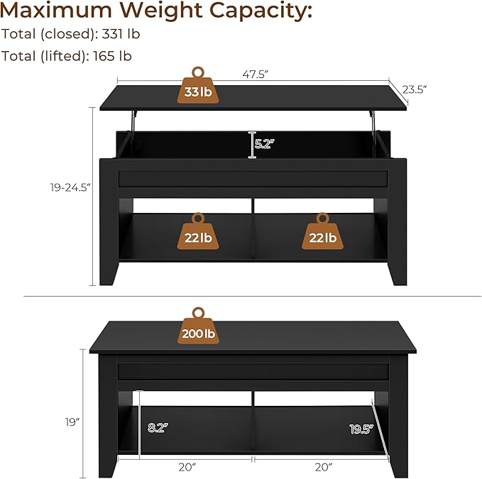 Yaheetech Black Coffee Table, Lift Top Coffee Tables with Hidden Storage Compartment & Open Shelf, Lift Tabletop Pop-Up for Living Room Reception, 47.5inch L