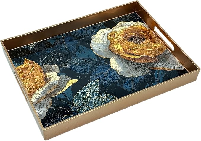 Serving Tray with Handles, 15.7 * 11.8 inches, Plastic Ottoman Tray with Exquisite Paintings, Trays for Coffee Table