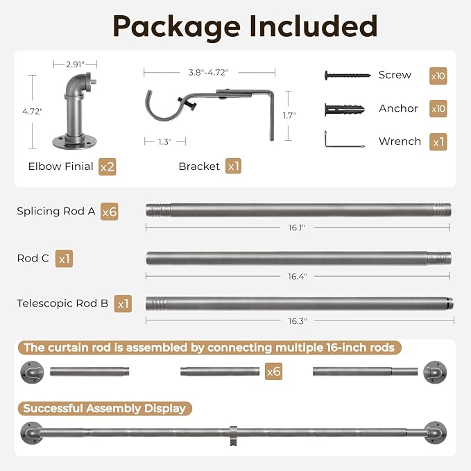 Zeerobee Curtain Rods for Windows 66 to 120, 1 Inch Industrial Wrap Around Grey Curtain Rod, Indoor/Outdoor Room Divider Adjustable Drapery Pole, 66"-120"
