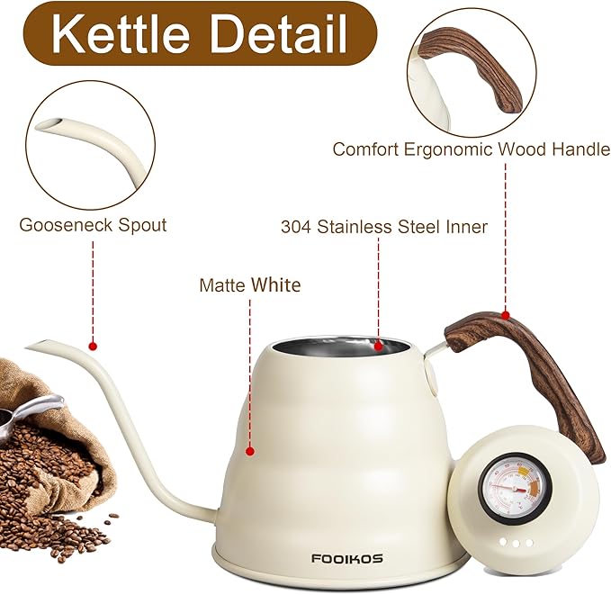 Tea Kettle gooseneck with Thermometer for Pour Over Coffee & Tea, 42 fl oz, Premium Stainless Steel, Accurate Temperature Control, Ideal Spout for Precision Pouring, Compatible with all Stovetop