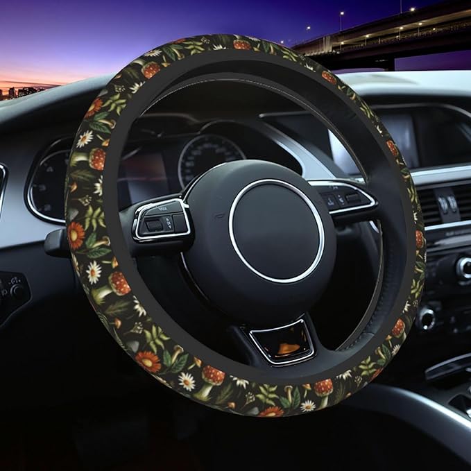 Vintage Woodland Fern Moth Dragonfly Mushroom Amanita Nature Universal Steering Wheel Cover for Men Women, Soft Anti Slip Stretch Neoprene Steering Wheel Covers Car Protector Accessories 15 Inch-Black