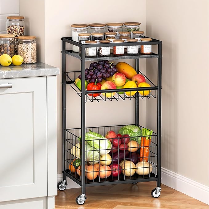 Fruit Vegetable Cart, 3-Tier Snack Kitchen Cart on Wheels & Wood Top, Utility Shelf Rack Organizer for Fruit, Vegetables, Potato, Snack, Black