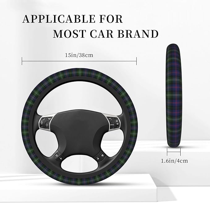 Thickened Elastic Steering Wheel Cover, Plaid Clan Sutherland Purple Green Check Tartan Ultra, Soft, Breathable, Fit for Cars, SUVs, Trucks, Stylish Comfortable Grip