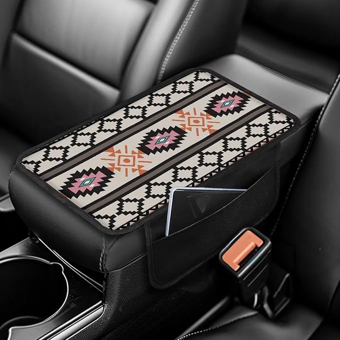 Dreaweet Navajo Car Accessories Arm Rest Cover for Truck SUV Van,Southwest Native Indian American Aztec Print Center Console Cover with Pockets,Car Armrest Cover Pad Soft Comfortable