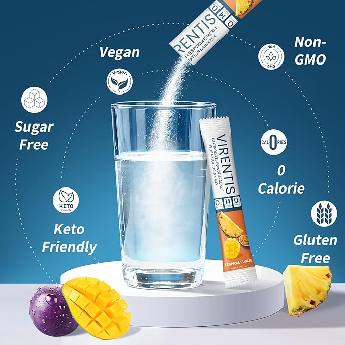 16 Sticks Electrolytes Powder Packets Sugar Free Hydration Packets Liquid Daily IV Electrolyte Drink Mix for Rehydration with 8 Electrolytes & 6 Vitamins, Low Sodium, Tropical Punch