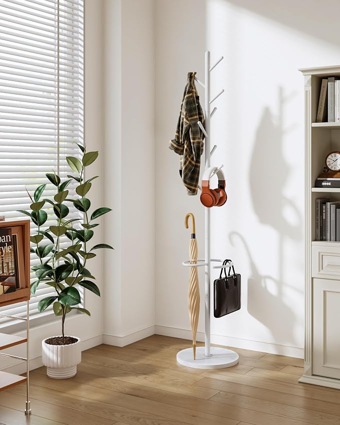 CHOEZON Coat Rack Freestanding, Coat Rack with Umbrella Holder, Coat Hanger Stand with 8 Hooks, Coat Tree with Marble Base, 3 Adjustable Size, for Entryway, Living Room, Bedroom Marble White TYM09WD