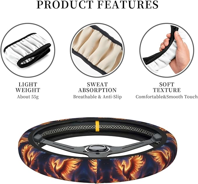 Phoenix Bird Car Steering Wheel Cover, 15 Inch Steering Wheel Cover Stylish Decor for Most Cars