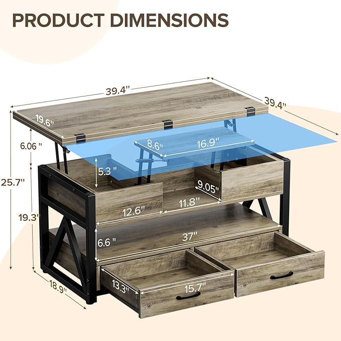 Memobarco 40" Lift Top Coffee Table,4 in 1 Multi-Function Lift Coffee Tables with Storage Drawers and Hidden Compartmen,Farmhouse Coffee Table with Lifting top for Living Room,Grey