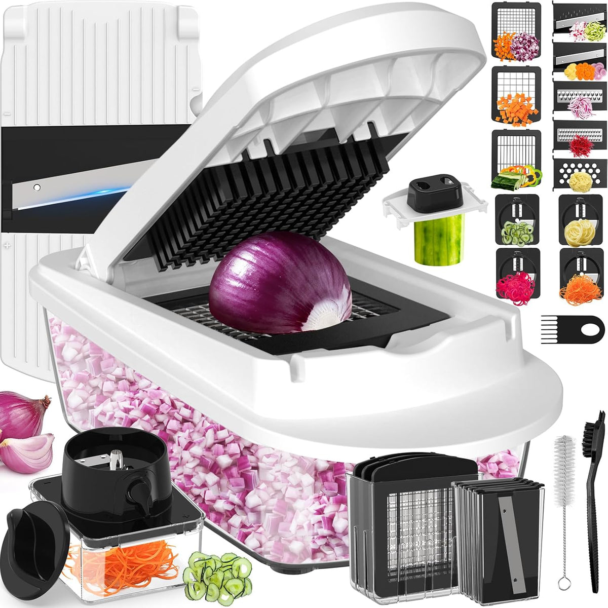 8 Blade All-in-1 Vegetable Chopper Mandoline Slicer with Container, Food Chopper, Onion Chopper, Veggie Cutter for Salad, Kitchen Gadgets Accessories Essentials, White
