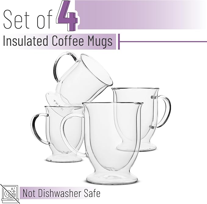BTaT- Double Walled Glass Coffee Mugs, 12 oz, Set of 4, Glass Coffee Cups with Handle, Insulated Clear Coffee Mug for Hot and Cold Beverages, Cappuccino, Latte, Tea, Americano, Microwave Safe