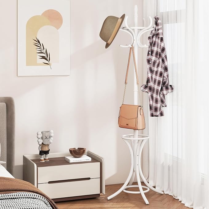 Giantex Solid Wood Coat Rack, Freestanding Hall Tree w/12 Hooks, Umbrella Holder, Entryway Hanger Stand for Coat, Hats, Scarves, Bags, Wooden Garment Rack for Bedroom, Hallway (White)