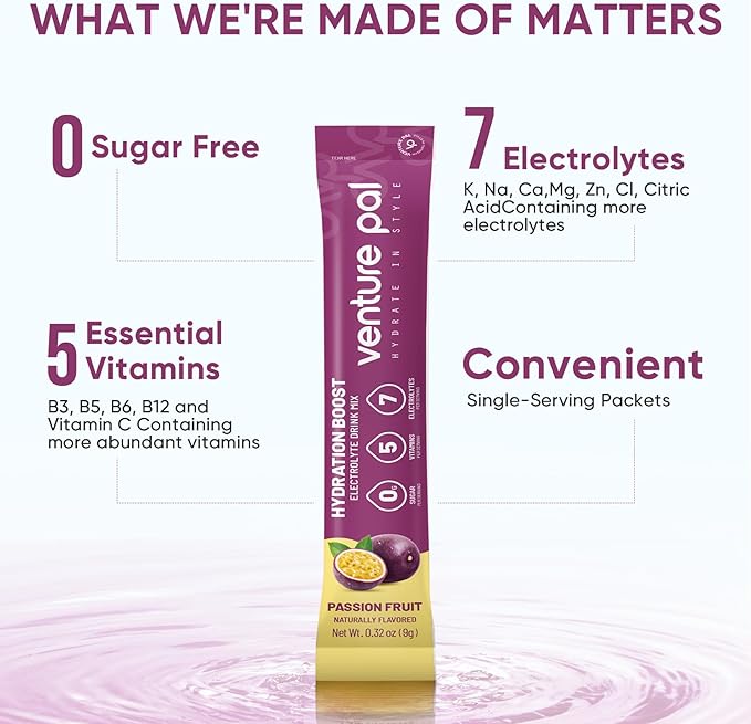 Venture Pal Sugar Free Electrolyte Powder Packets - Liquid Daily IV Drink Mix for Rapid Hydration & Party Recovery | 5 Vitamins & 7 Electrolytes| Keto Friendly | Non-GMO | Certified Vegan | 16 Sticks