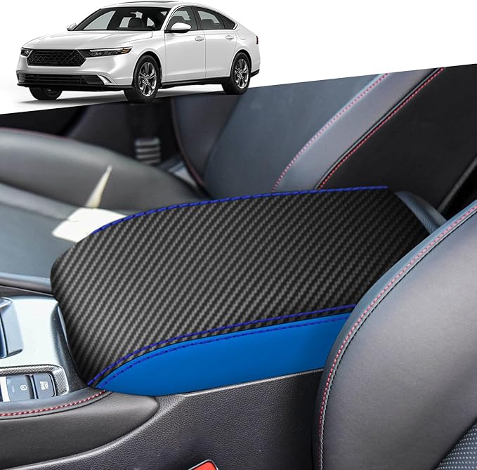 for Honda 11th Accord 2023 2024 Center Console Cover Anti-Scratch Waterproof Leather Armrest Pad Protector Cushion Interior Accessories(Carbon Fiber + Blue)