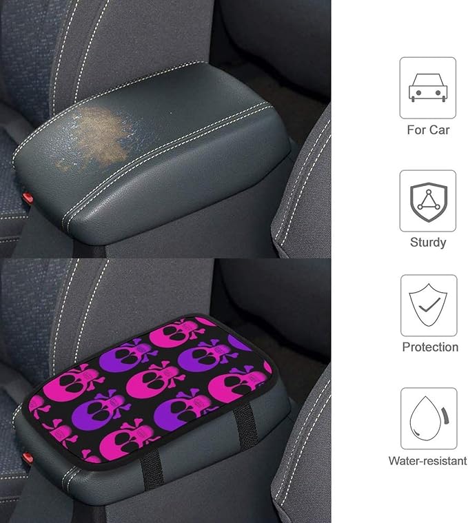 Auto Armrest Cover Pad Purple and Pink Crossbones Skull Non-Slip Center Console Cushion Pad Breathable Arm Rest Mat Box Protector Car Decorations Interior