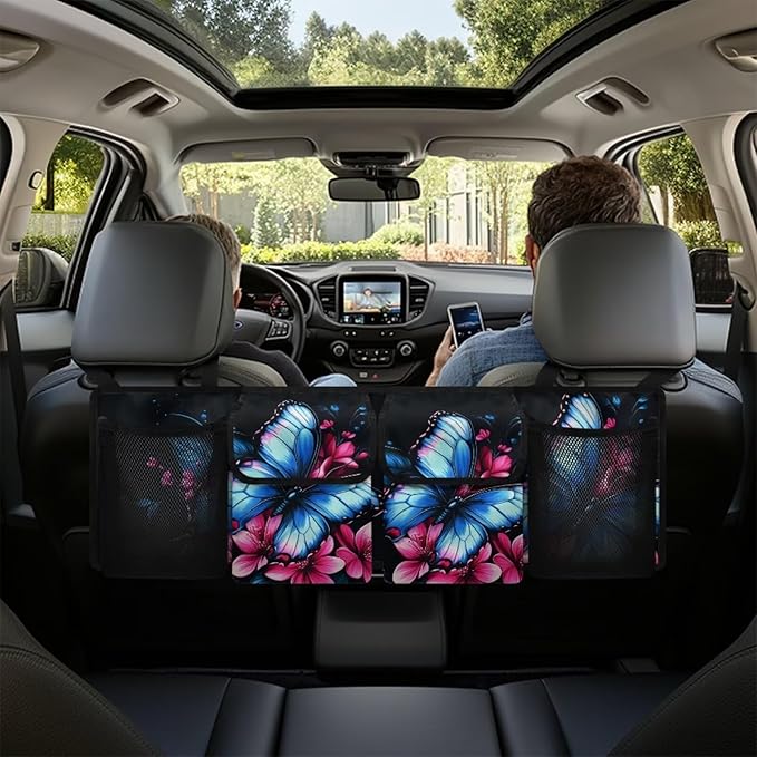 Blue Butterfly Trunk Hanging Storage Bag for Women Pink Flowers Collapsible Cargo Bag Multipurpose Cargo Accessory