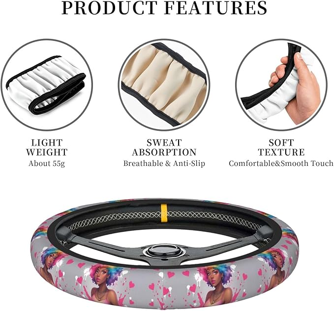African America Black Neoprene Steering Wheel Covers Women Men Car Accessories, Universal 15 Inch Fit Auto, Suvs, Truck